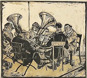 Modern print, chiaroscuro woodcut | A winds concert, published 1986, 1 p.