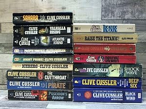 Seller image for 16 Clive Clusser Adventure Books Dirk Pitt and More (Shockwave, Sahara, Valhalla Rising, Atlantis Found, Treasure, Poseidon's Arrow, Pacific Vortex, Night Probe, Iceberg, Raise the Titanic, Cyclops, Dragon, Deep Six, Black Wind, Cuthroat, Pirate) for sale by Archives Books inc.