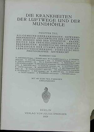 Seller image for Handbuch der Hals-, Nasen-, Ohren-Heilkunde mit Einschluss der Grenzgebiete; Bd. 5., Die Krankheiten d. Luftwege u. d. Mundhhle. for sale by books4less (Versandantiquariat Petra Gros GmbH & Co. KG)