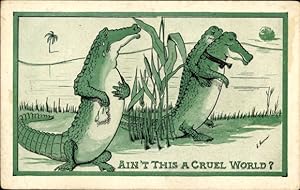Künstler Ansichtskarte / Postkarte Vermenschlichte Krokodile, Liebespaar, weinendes Krokodil