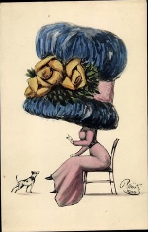 Künstler Ansichtskarte / Postkarte Hutmode, Frau unter einem riesigen Hut, Hund