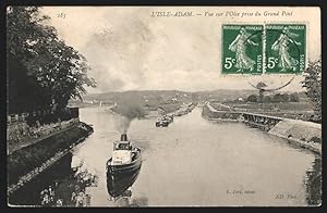 Carte postale L`Isle-Adam, Vue sur l`Oise prise du Grand Pont, bateau à vapeur