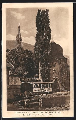 Carte postale Thann, Exposition 1923, La vieille Tour et la Cathedrale