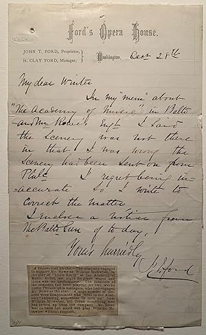 [Ford's Theater] Autograph Letter Signed by John T. Ford, Proprietor of Ford's Opera House, Washi...