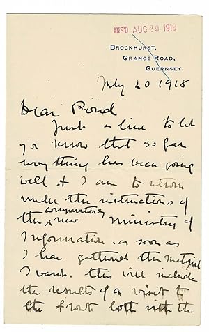 Bild des Verkufers fr AUTOGRAPH LETTER BY ARTHUR RADCLYFFE DUGMORE, 3-pages addressed to American lecture manager James Pond concerning a visit to the fronts of the American and British forces in France during World War 1. zum Verkauf von Blue Mountain Books & Manuscripts, Ltd.