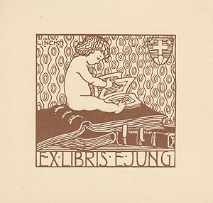 Ex Libris E. Jung Lesendes Kleinkind auf Bücherberg, um 1910, 11 x 11,5 cm