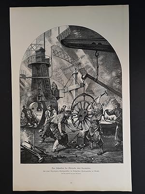 Seller image for grosse Xylographie von 1880. Das Schmieden des Eisenrads einer Locomotive. for sale by ANTIQUARIAT Franke BRUDDENBOOKS