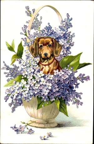 Präge Ansichtskarte / Postkarte Hund im Blumenkorb, Veilchen