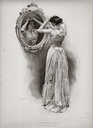 Victorian Girl in mirror on Christmas Night,1893 Lithograph