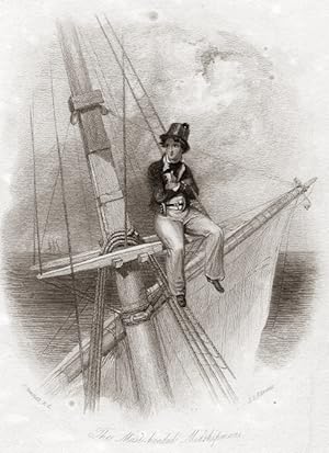 Midshipman sitting on Mast,1835 Nautical Engraving