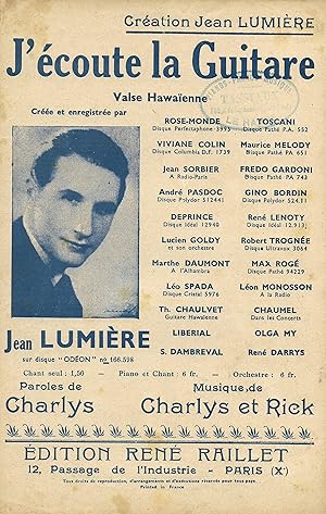 Partition de "J'écoute la guitare", valse hawaïenne créée par Jean Lumière