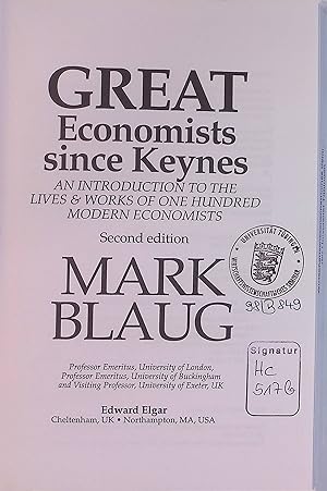 Bild des Verkufers fr Great Economists Since Keynes: An Introduction to the Lives & Works of One Hundred Modern Economists zum Verkauf von books4less (Versandantiquariat Petra Gros GmbH & Co. KG)