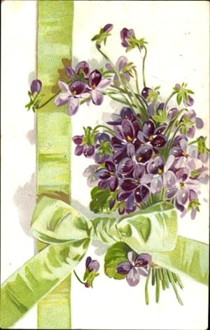 Präge Ansichtskarte / Postkarte Veilchen, Blumenstrauß, Grüne Schleife