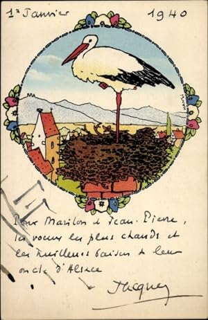 Künstler Ansichtskarte / Postkarte Hansi, Storch im Storchennest, Elsass