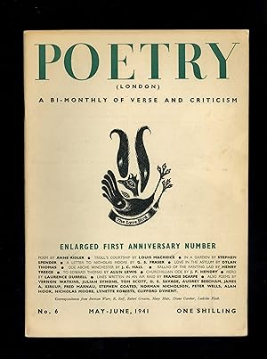 Imagen del vendedor de POETRY (LONDON) - A Bi-Monthly of Modern Verse and Criticism: Enlarged First Anniversary Number - Vol. 1, No. 6 - May - June 1941 - DYLAN THOMAS, STEPHEN SPENDER, LOUIS MACNEICE et al a la venta por Orlando Booksellers