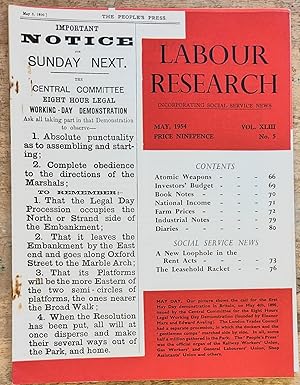 Seller image for Labour Research May 1954 / Atomic Weapons Effects on Human Beings and Human Organisations / Investors' Budget / National Income/ Farm Prices/ Social Service News - A New Loophole in the Rent Acts / The Leasehold Racket (SL#94) for sale by Shore Books