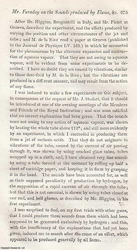 Seller image for The Sounds Produced by Flame in Tubes. By Michael Faraday, Chemical Assistant in the Royal Institution. An uncommon original article from the Journal of Science and the Arts, edited by the Royal Institution of Great Britain, 1818. for sale by Cosmo Books