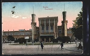 Ansichtskarte Breslau, Haupt-Bahnhof mit Pferdekutschen