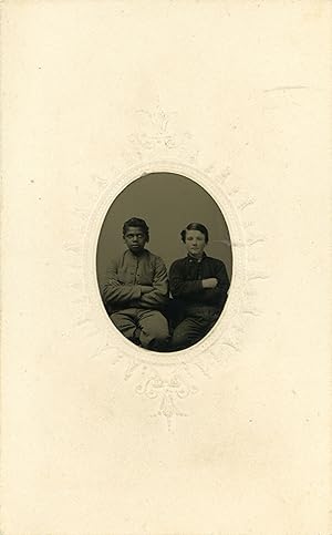 Mint Condition Tintype Portrait of Two Young Boys, One African American and One White, Sitting Si...