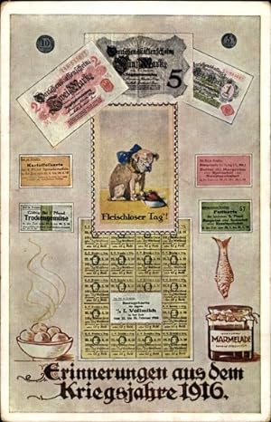 Ansichtskarte / Postkarte Erinnerungen aus dem Kriegsjahre 1916, Fleischloser Tag, Fisch, Marmela...