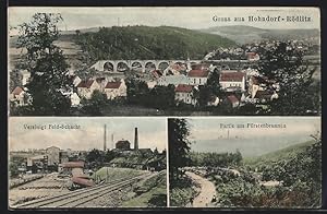 Ansichtskarte Hohndorf-Rödlitz, Teilansicht mit Kirche, Vereinigt Feld-Schacht, Partie am Fürsten...