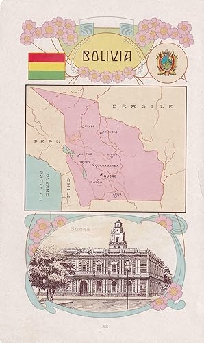 BOLIVIA. Miniature map with top and bottom border decoration and image of the town hall in the ...