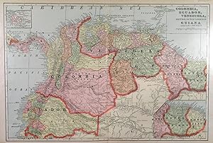 COLOMBIA, ECUADOR, VENEZUELA . GUIANA. Large double page map of northern South America.