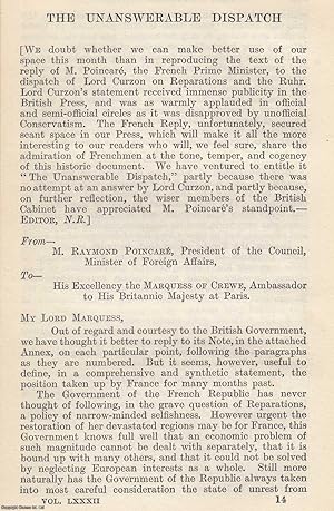 Imagen del vendedor de The Unanswerable Dispatch : Reparations and the French. By Raymond Poincare. An original article from The National Review, 1923. a la venta por Cosmo Books