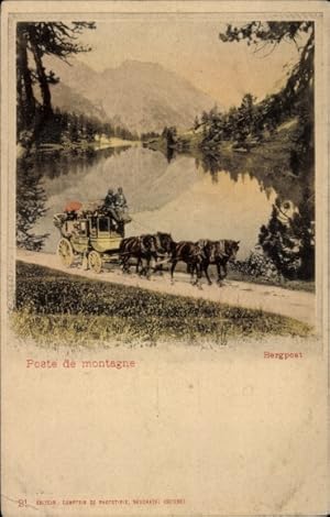 Ansichtskarte / Postkarte Postkutsche, Bergpost, See, Pferde, Bergspitze