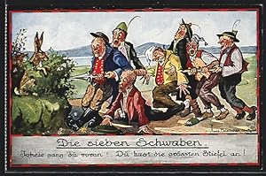 Bild des Verkufers fr Knstler-Ansichtskarte Hans Boettcher: Mrchen Die sieben Schwaben- Die Schwaben begegnen einem Hasen zum Verkauf von Bartko-Reher