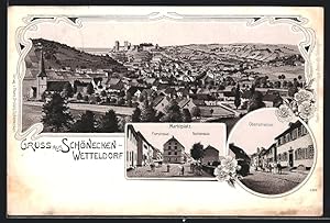 Lithographie Schönecken-Wetteldorf, Marktplatz und zulaufende Strassen