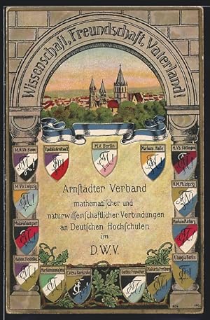 Lithographie Arnstadt, Studentenwappen Arnstädter Verband mathematischer, naturwissenschaftl. Ver...