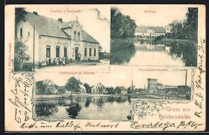 Ansichtskarte Reichenwalde, Gasthof von Gallasch, Braunkohlenwerke, Dorfstrasse mit Kirche