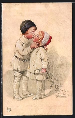 Imagen del vendedor de Knstler-Ansichtskarte Wally Fialkowska: Geschwisterliebe, Bruder gibt seiner kleinen Schwester einen Kuss a la venta por Bartko-Reher