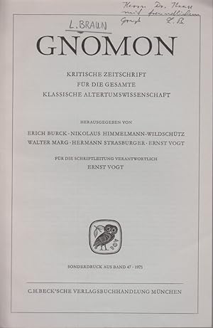 Bild des Verkufers fr [Rezension] Joachim Adamietz: Unteruchungen zu Juvenal. Wiesbaden, Steiner 1972. [Aus: Gnomon, Bd. 47, 1975]. zum Verkauf von Fundus-Online GbR Borkert Schwarz Zerfa