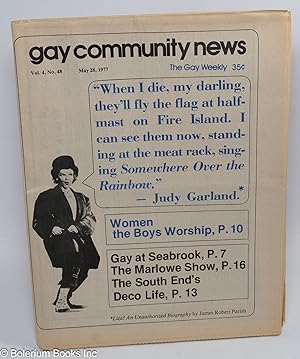 Seller image for GCN - Gay Community News: the gay weekly; vol. 4, #48, May 28, 1977: Judy Garland quote for sale by Bolerium Books Inc.