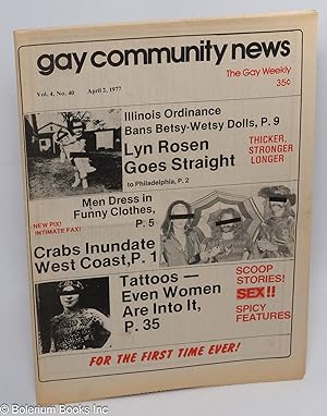 Bild des Verkufers fr GCN - Gay Community News: the gay weekly; vol. 4, #40, April 2, 1977: Lyn Rosen Goes Straight zum Verkauf von Bolerium Books Inc.