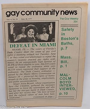 Seller image for GCN - Gay Community News: the gay weekly; vol. 4, #51, June 18, 1977: Defeat in Miami! for sale by Bolerium Books Inc.