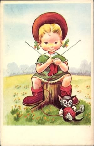 Ansichtskarte / Postkarte Strickendes Mädchen, Wollknäuel, Katze