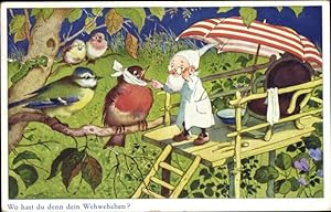 Künstler Ansichtskarte / Postkarte Baumgarten, Fritz, Wo hast du denn dein Wehwehchen, Zwerg, Vögel