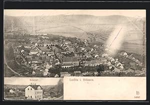 Ansichtskarte Luditz i. Böhmen, Bahnhof, Ortsansicht aus der Vogelschau