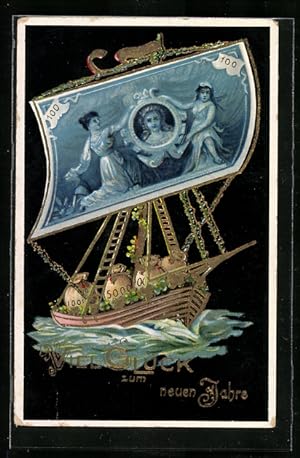 Ansichtskarte Geldschein bildet das Segel für das Segelschiff, Viel Glück im neuen Jahr!