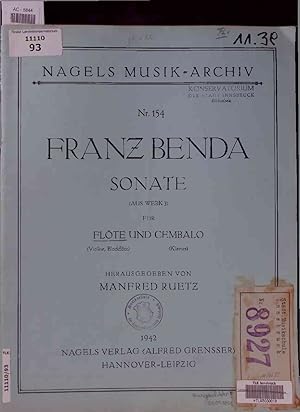 Imagen del vendedor de Franz Benda. Sonate (aus Werk 3) fr Flte (Violine, Blockflte) und Cembalo (Klavier). a la venta por Antiquariat Bookfarm