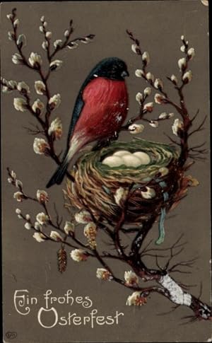 Präge Ansichtskarte / Postkarte Glückwunsch Ostern, Vogel, Nest, Eier, Weidenkätzchen