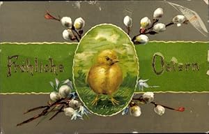 Ansichtskarte / Postkarte Glückwunsch Ostern, Küken, Weidenkätzchen