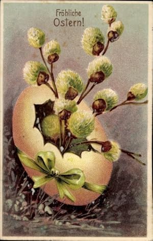 Präge Ansichtskarte / Postkarte Glückwunsch Ostern, Weidenkätzchen im Osterei, Schleife