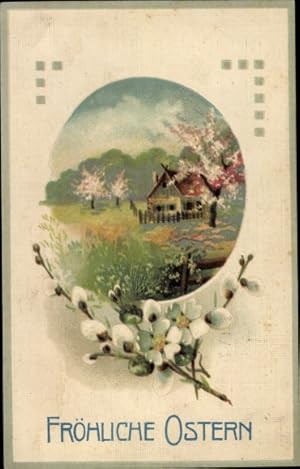 Ansichtskarte / Postkarte Glückwunsch Ostern, Weidenkätzchen, Wohnhaus, Blühende Bäume