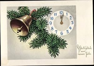 Ansichtskarte / Postkarte Fröhliches Neujahr, Uhr, Tannenzweig, Glocke