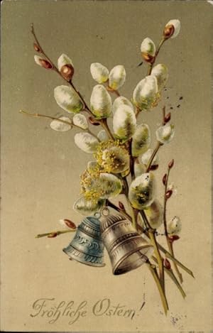 Ansichtskarte / Postkarte Glückwunsch Ostern, Weidenkätzchen, Glocken