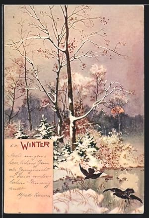 Ansichtskarte Winter, Landschaft mit Raben, Allegorie